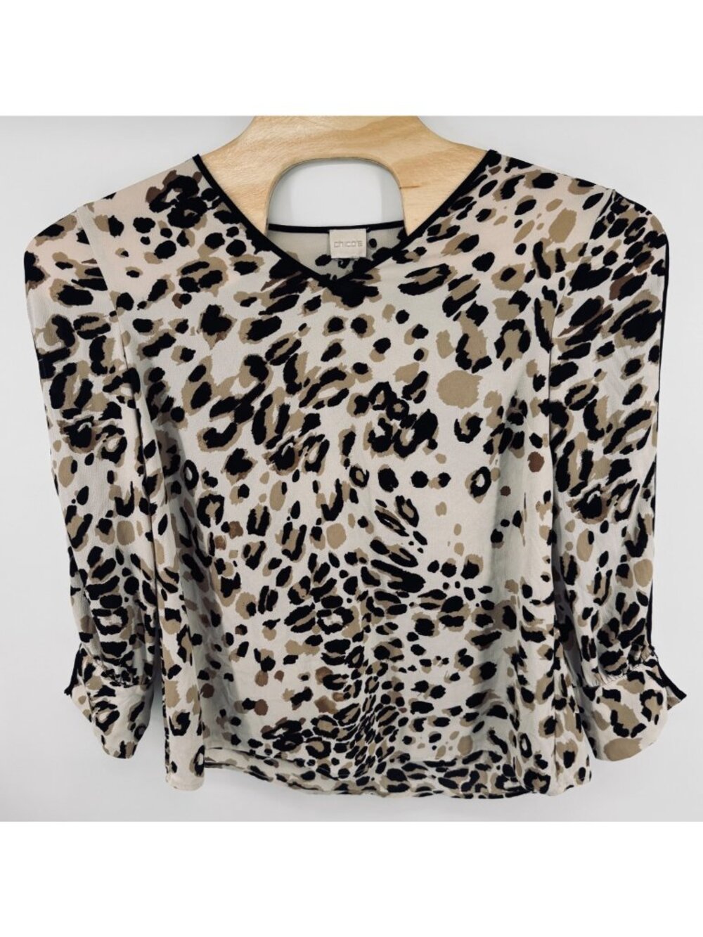 CHICO'S Piped LEOPARD Animal Print Top Cut Out Long Sleeve Semi Sheer